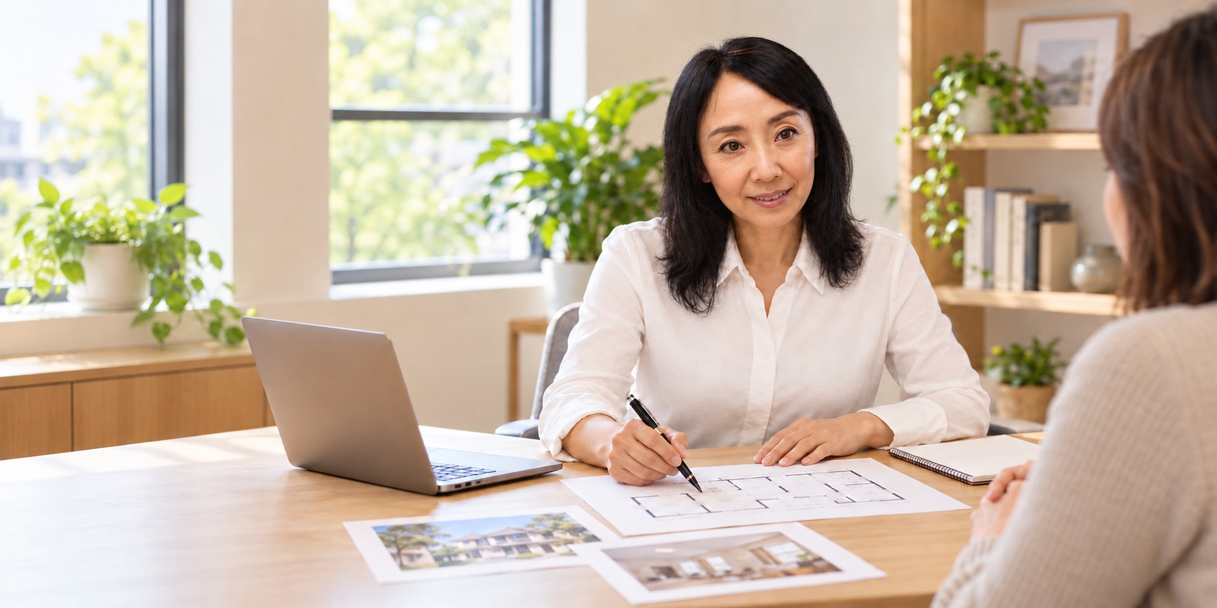 AI-generated illustrative consultation scene showing Cindy with one fictional adult client; not a photograph of an actual client meeting