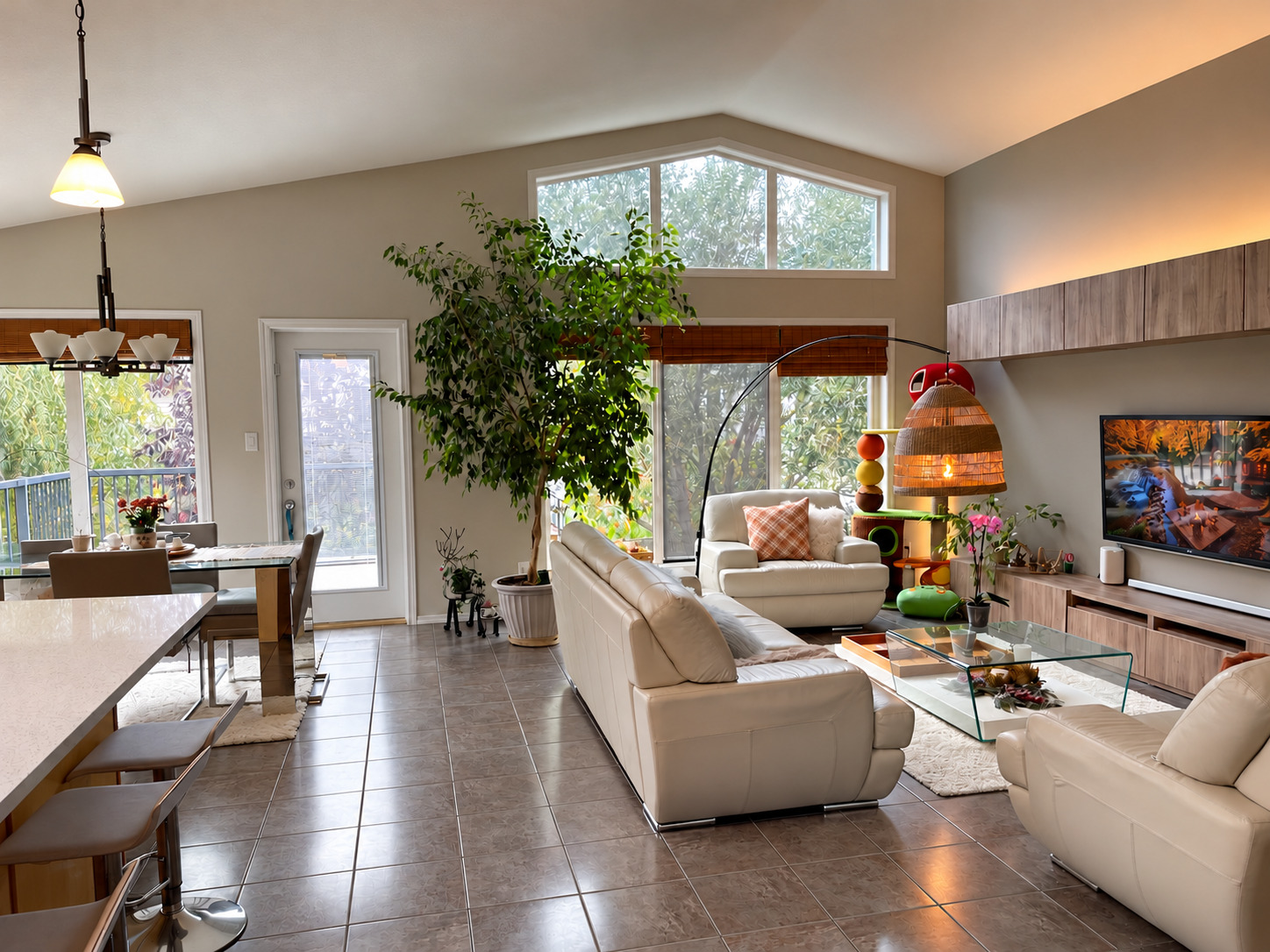 An open kitchen and living room; objects on the kitchen island have been digitally removed